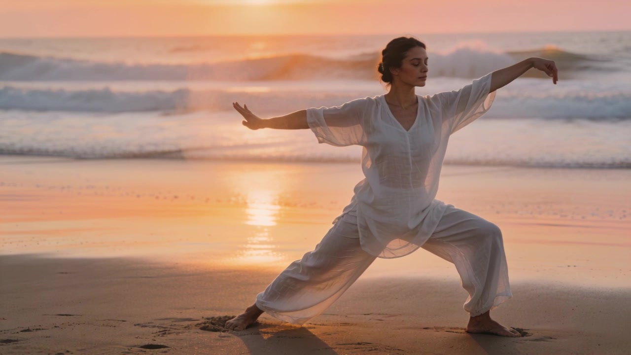 Practicing woman doing tai chi on wet sand, sunset inspiring, wearing white outfit, shifting torso