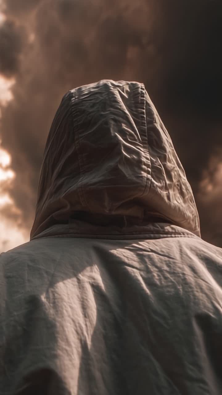 Una figura misteriosa con una giacca con cappuccio si erge contro un cielo drammatico, evocando tensioni inquietanti ed emozioni incerte tra nuvole scure.
