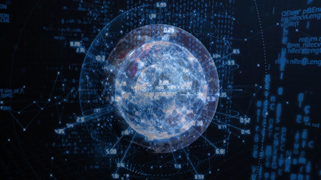 Faint blue sphere emerging in void forming radial mesh and scrolling code streams driving data flow