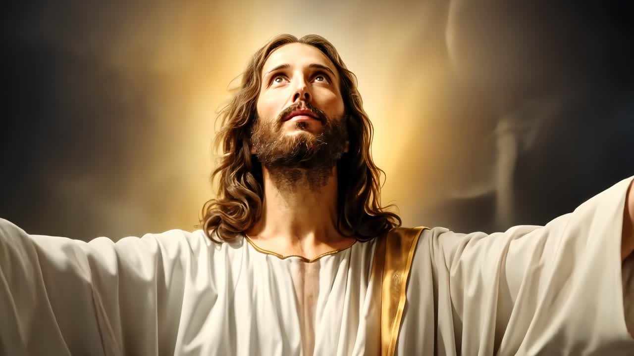 A divine figure gazes upward, bathed in ethereal light. The video captures a low-angle view