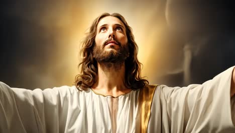 a divine figure gazes upward, bathed in ethereal light. the video captures a low-angle view