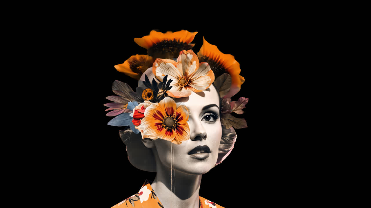 Surreal floral portrait animated overlay, transparent 4K video, alpha channel, ProRes 4444