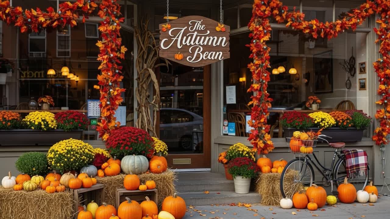 Charming Autumnal Display at The Autumn Bean: A Festive Entrance Adorned with Vibrant Pumpkins, Colorful Mums, and Harvest Decorations Invites Guests to Celebrate Fall Season