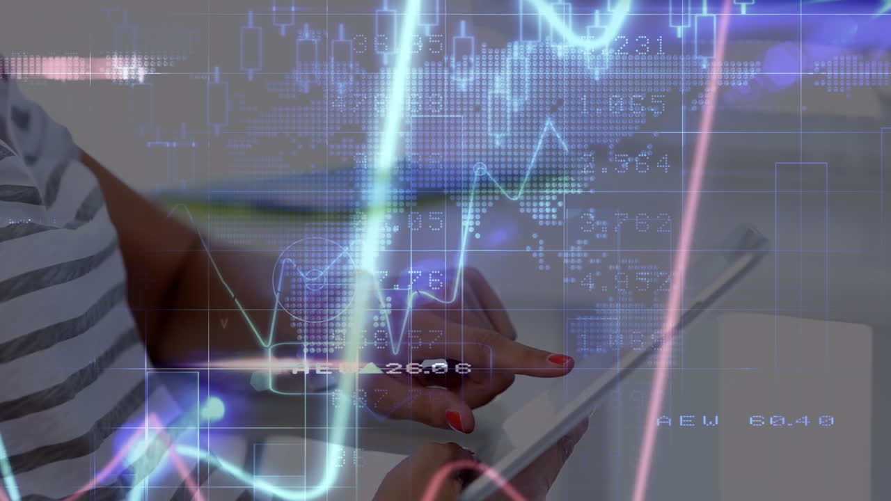 procesamiento de datos financieros sobre el mapa del mundo contra la mujer caucásica usando tableta digital