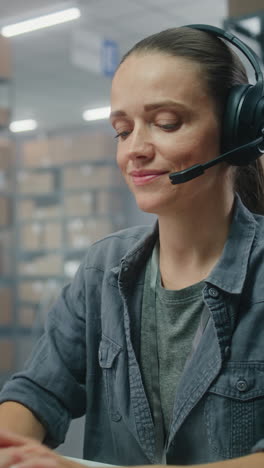 una mujer con auriculares hablando.