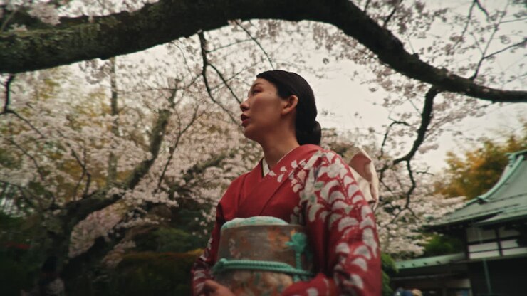 Donna in kimono tra i fiori di ciliegio in Giappone