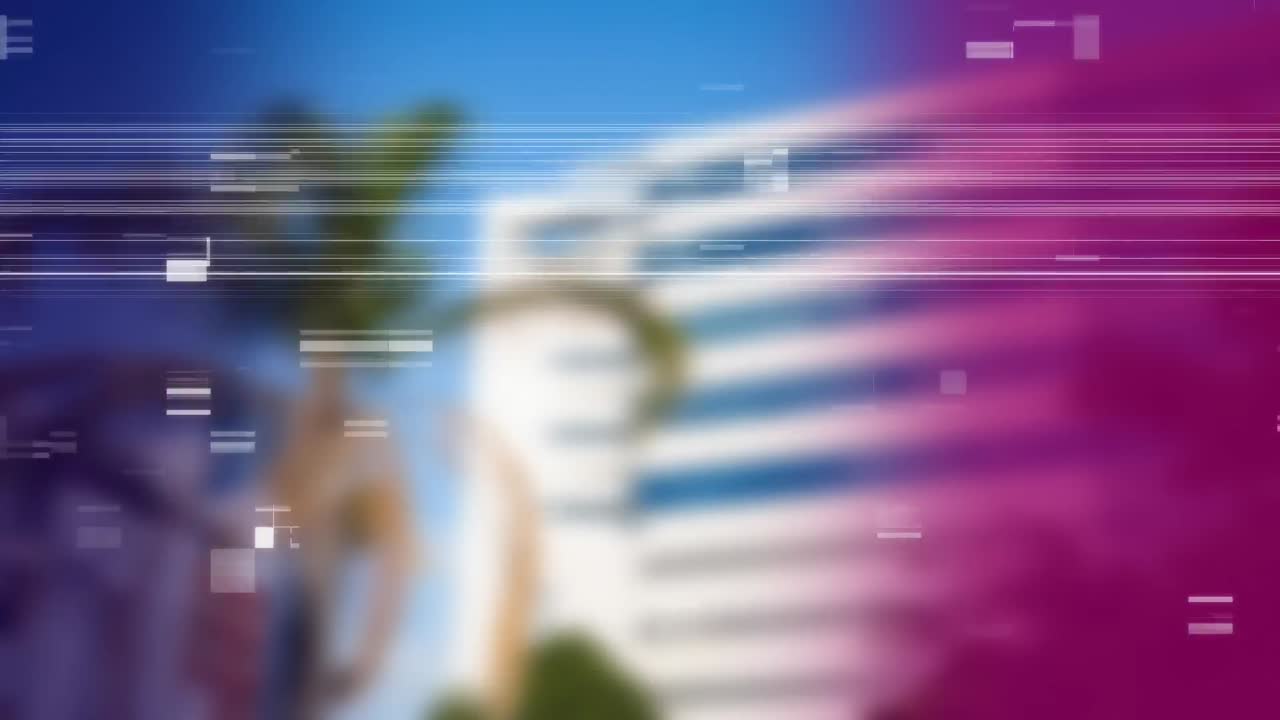 Blurring landscape of summer city with palm tree and building with sizzle filter
