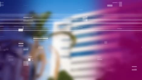 Blurring-landscape-of-summer-city-with-palm-tree-and-building-with-sizzle-filter