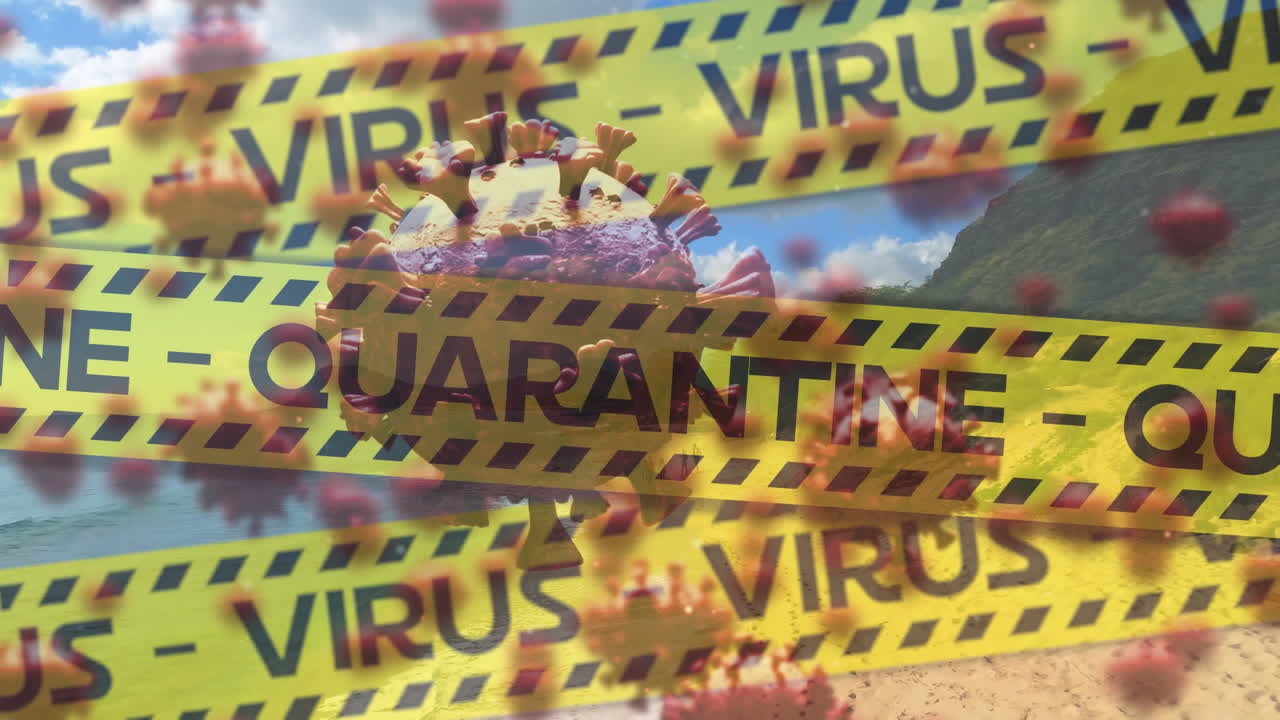 바이러스 격리 텍스트와 코로나19 세포가 움직이는 노란색 경찰 테이프의 디지털 복합 비디오