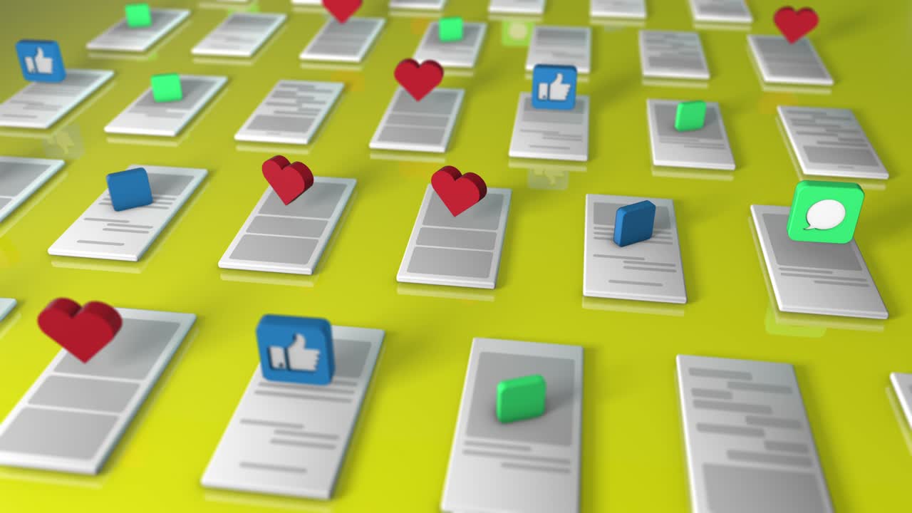 representación en 3d del fondo con los símbolos como, pulgar hacia arriba, mensaje recibido, correo electrónico recibido a través de teléfonos móviles. el concepto de una red social. animación cíclica. colores amarillos