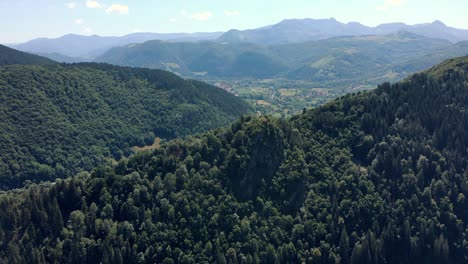 scenic mountain views with lush green forest in romania - aerial shot