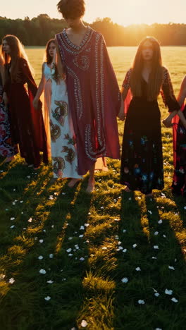 women in a circle at sunset