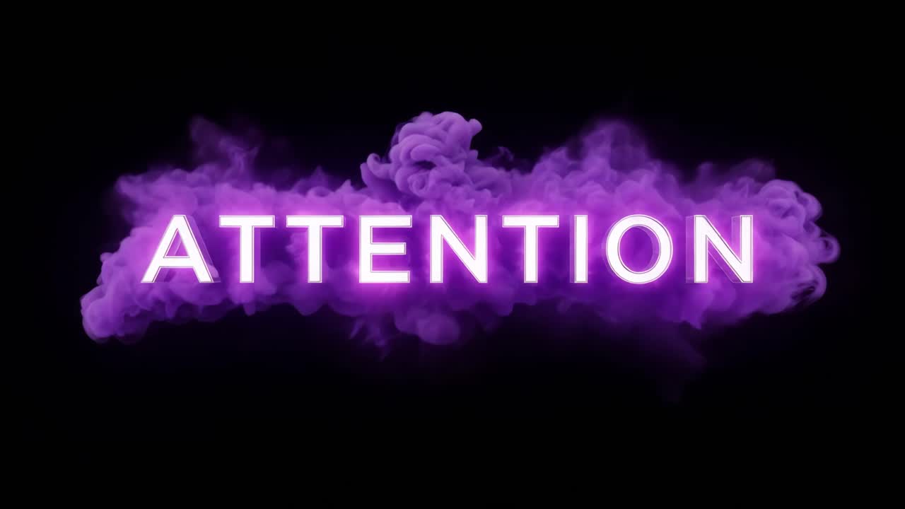 Fumo viola con testo al neon "Attenzione"