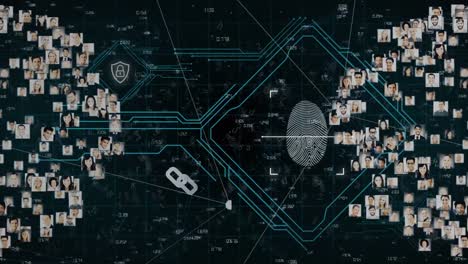 animación del procesamiento de datos biométricos de huellas dactilares y la red de conexiones sobre fondo oscuro