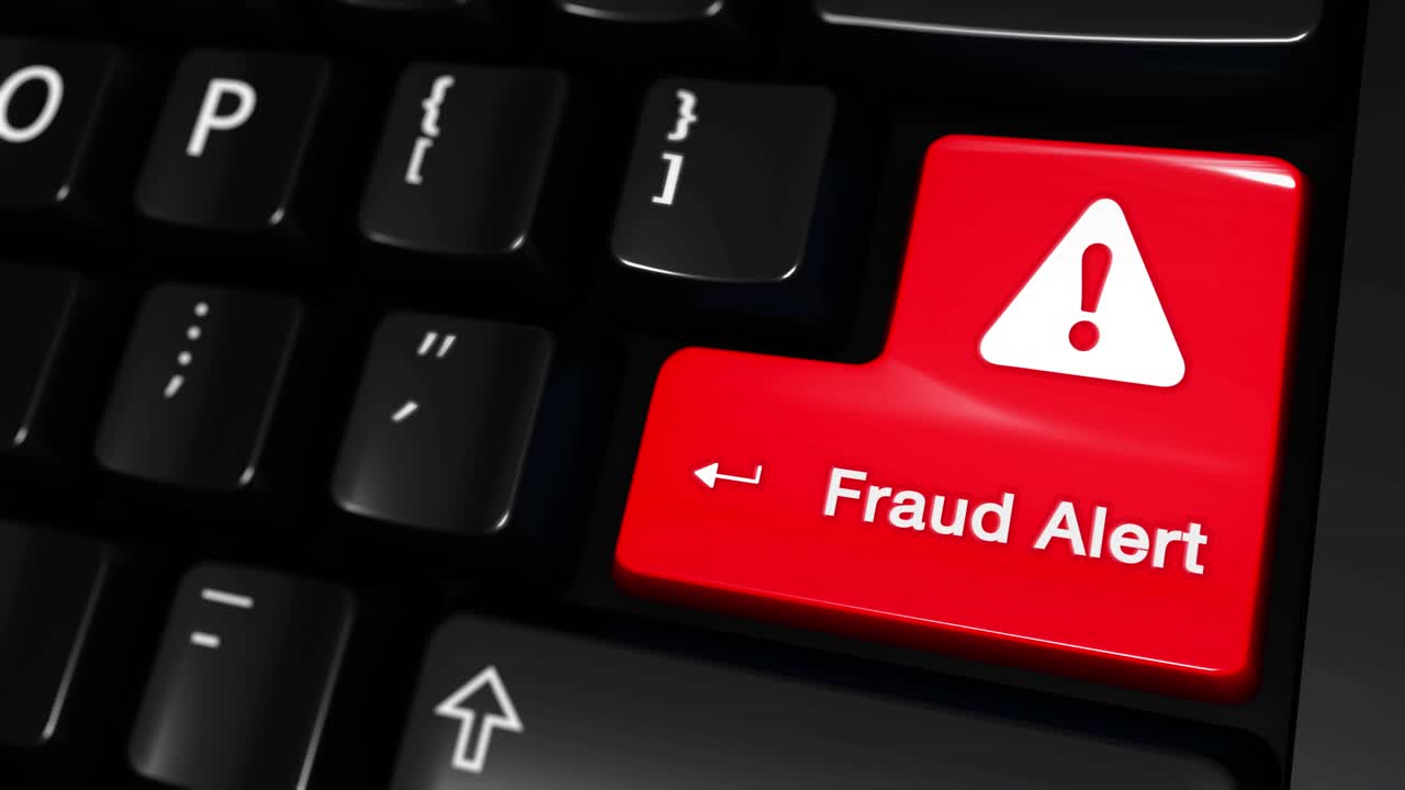 103 fraud alert moving motion on red enter button on modern computer keyboard with text and icon