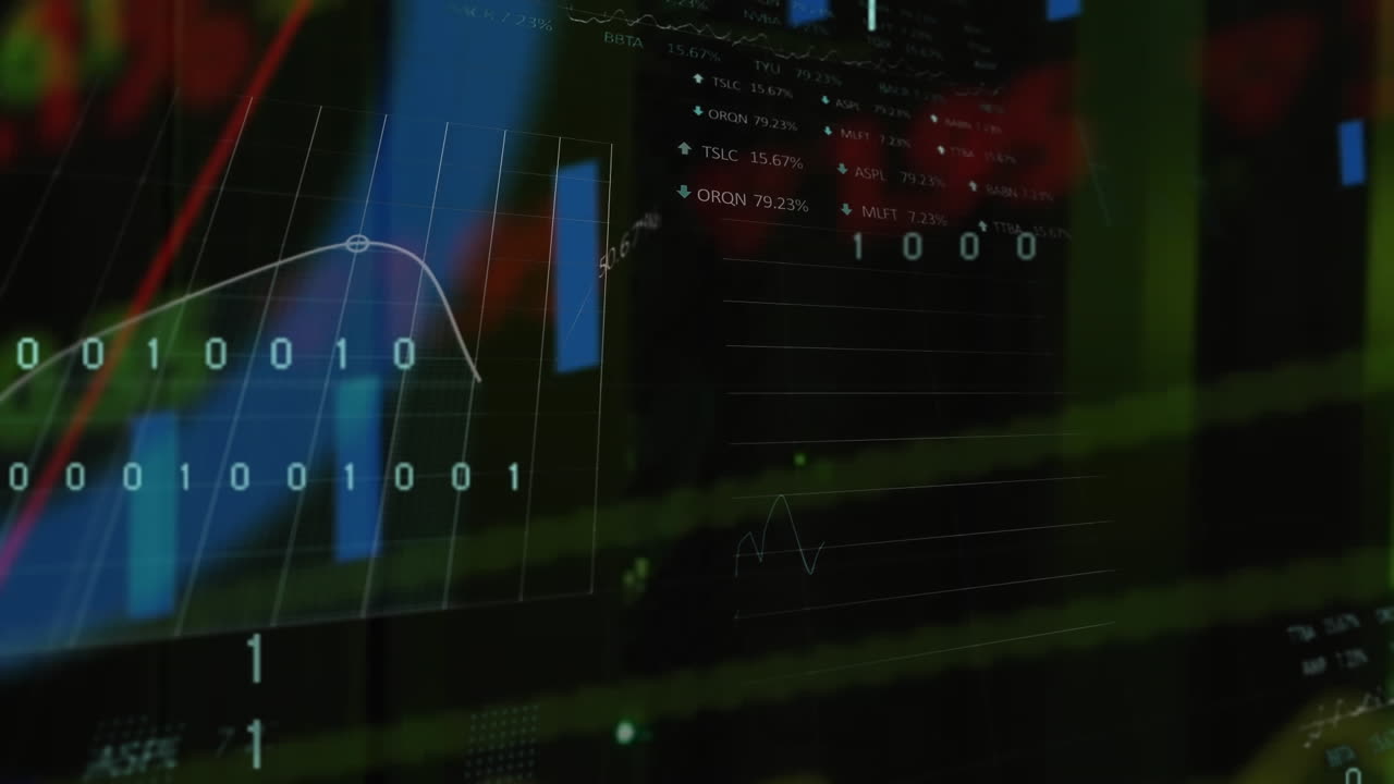 Animation of graphs, binary codes, computer language, trading boards over server room