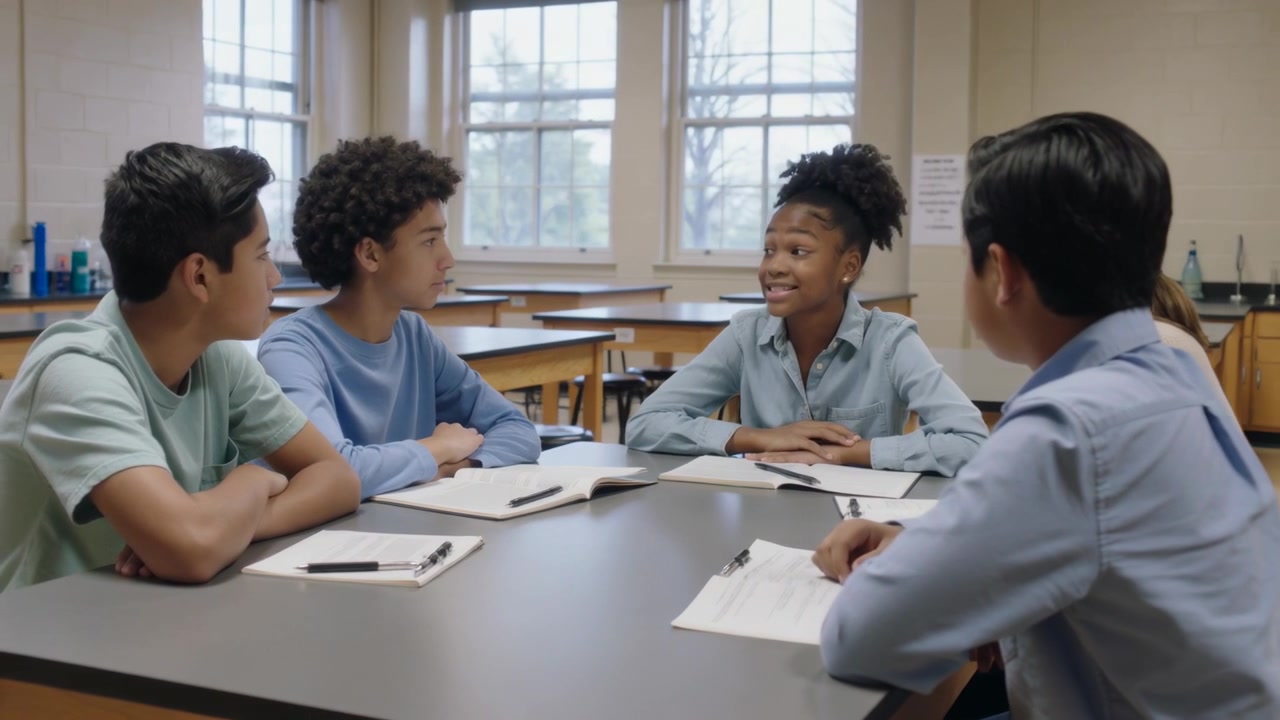 Starting with girl in blue shirt speaking, five peers working on project at lab table, notebooks