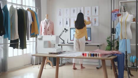 back view of a female designer with sewing machine putting a picture on the wall while designing clothes in the studio