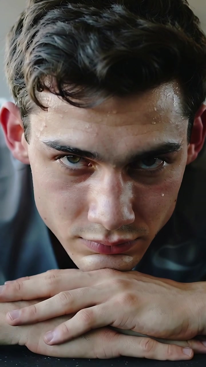 Vertical video: Sweating after set, male athlete resting chin on folded hands on mat in tank top