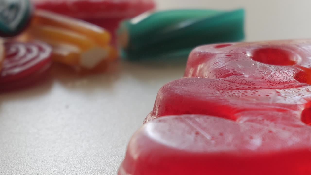 Close-up of colorful gummy candy with a soft focus on texture