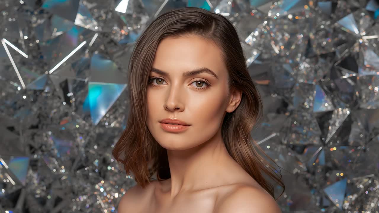 Fotoğrafçı, yandan çekim için kristallerle sette dönen ve gülümseyen, straplez bir top modeline işaret ediyor