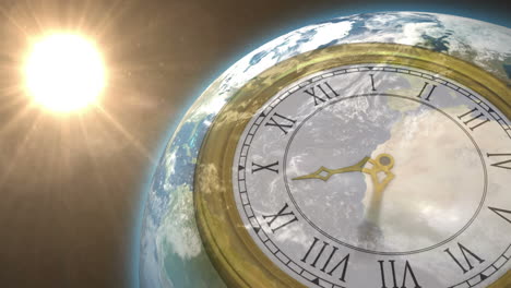 clock ticking against sun on the earth