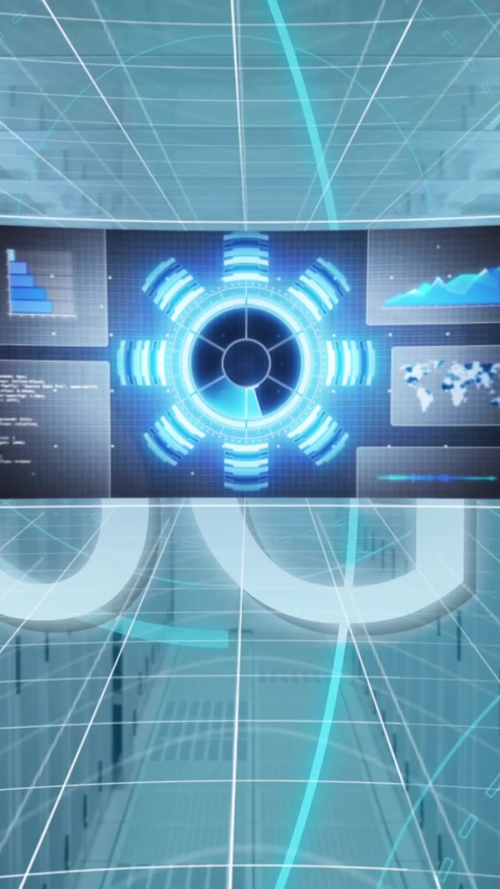 Animazione di elaborazione dati su schermo e server informatici