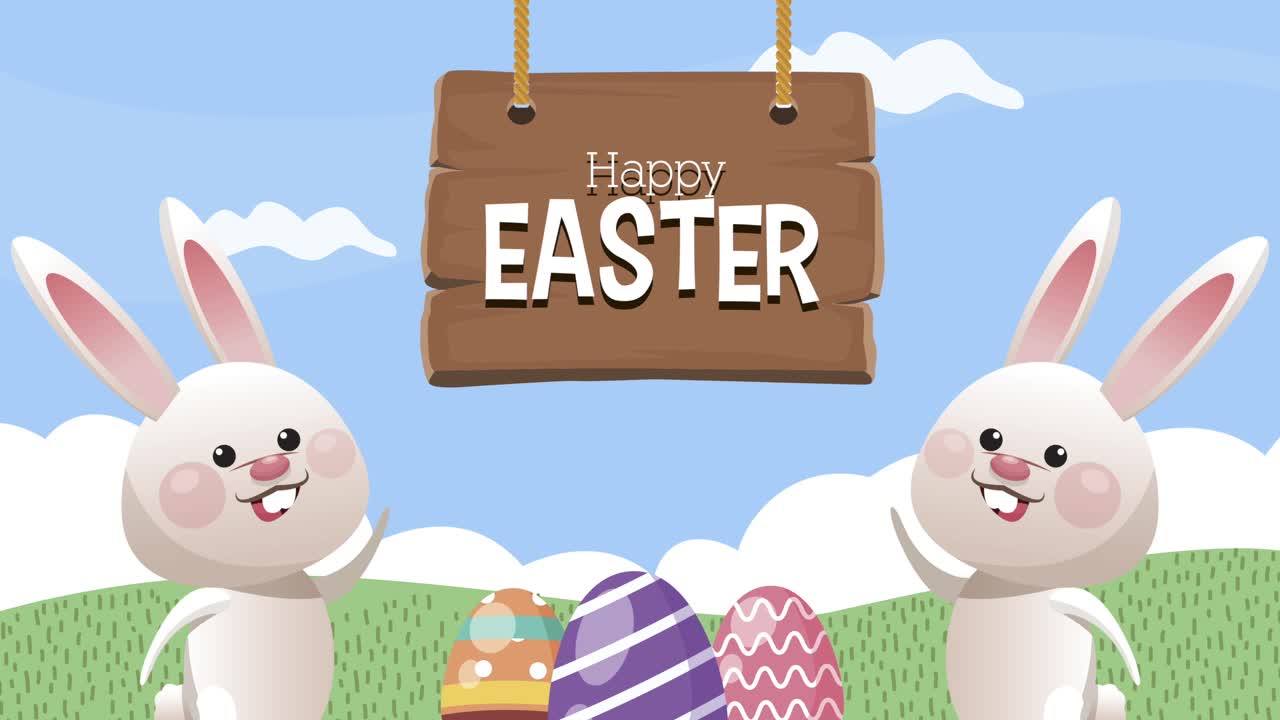 happy easter lettering celebration with rabbits and egg