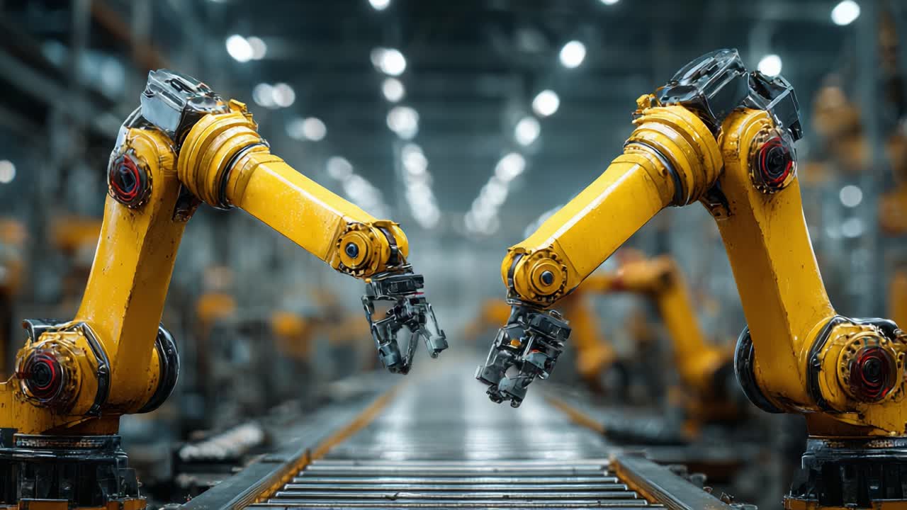 Interaction dynamique entre la robotique industrielle : Exploration en gros plan de bras robotiques avancés dans une usine de fabrication à la pointe de la technologie.