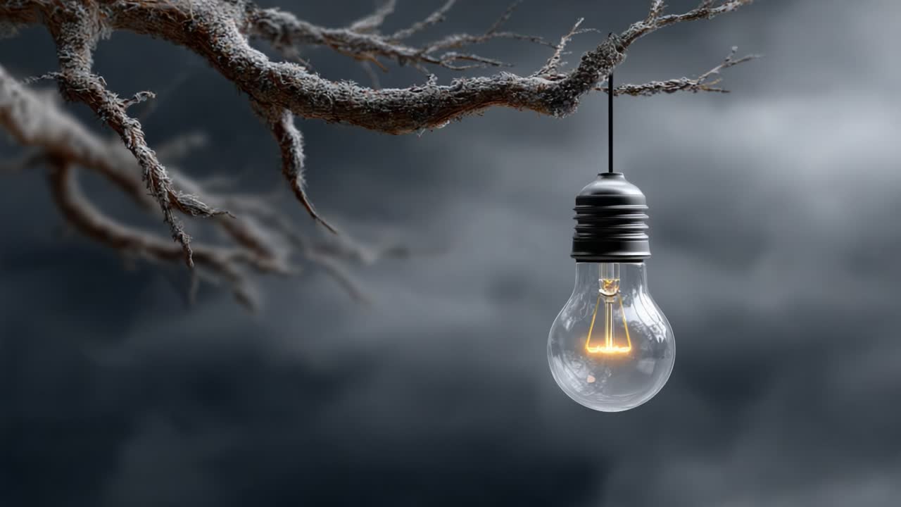 A solitary light bulb illuminates a twisted, eerie branch against a dark, moody sky, creating an atmosphere of mystery and intrigue