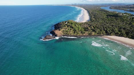 Clear-Ocean-Waters---Fingal-Headland--Tasman-Sea---New-South-Wales--NSW---Australia---Aerial-Shot