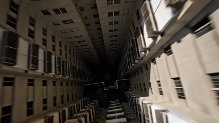 Telecamera che si sposta sul bordo del tetto, ruotando e scendendo attraverso uno stretto condotto di ventilazione che mostra le unità HVAC.