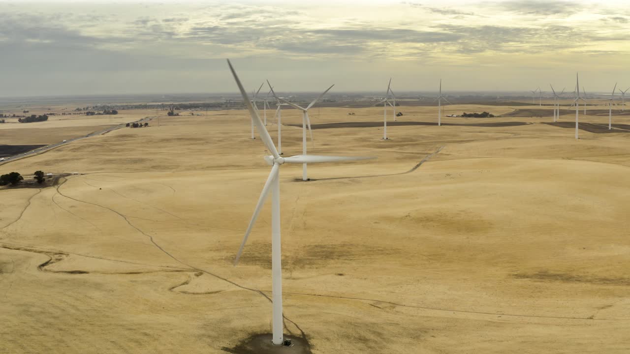 Aerial shot of wind turbines in a field on Montezuma Hills