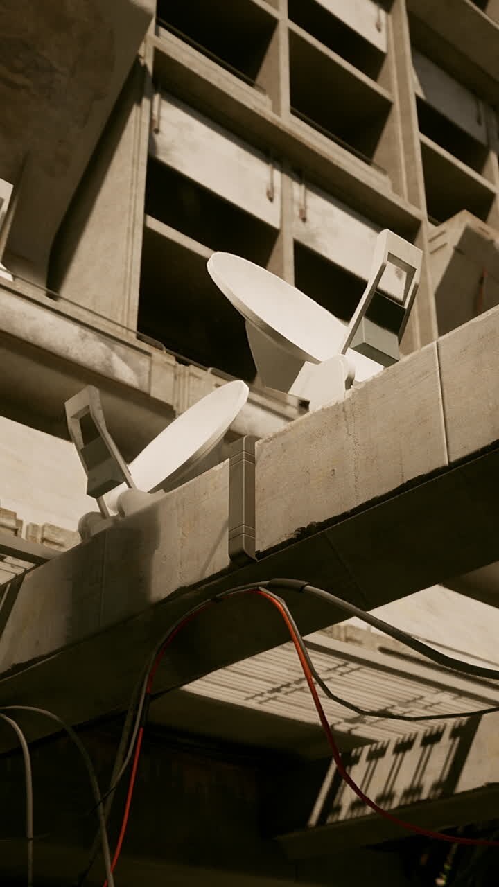 Satellitenschüsseln auf einem Betongebäude
