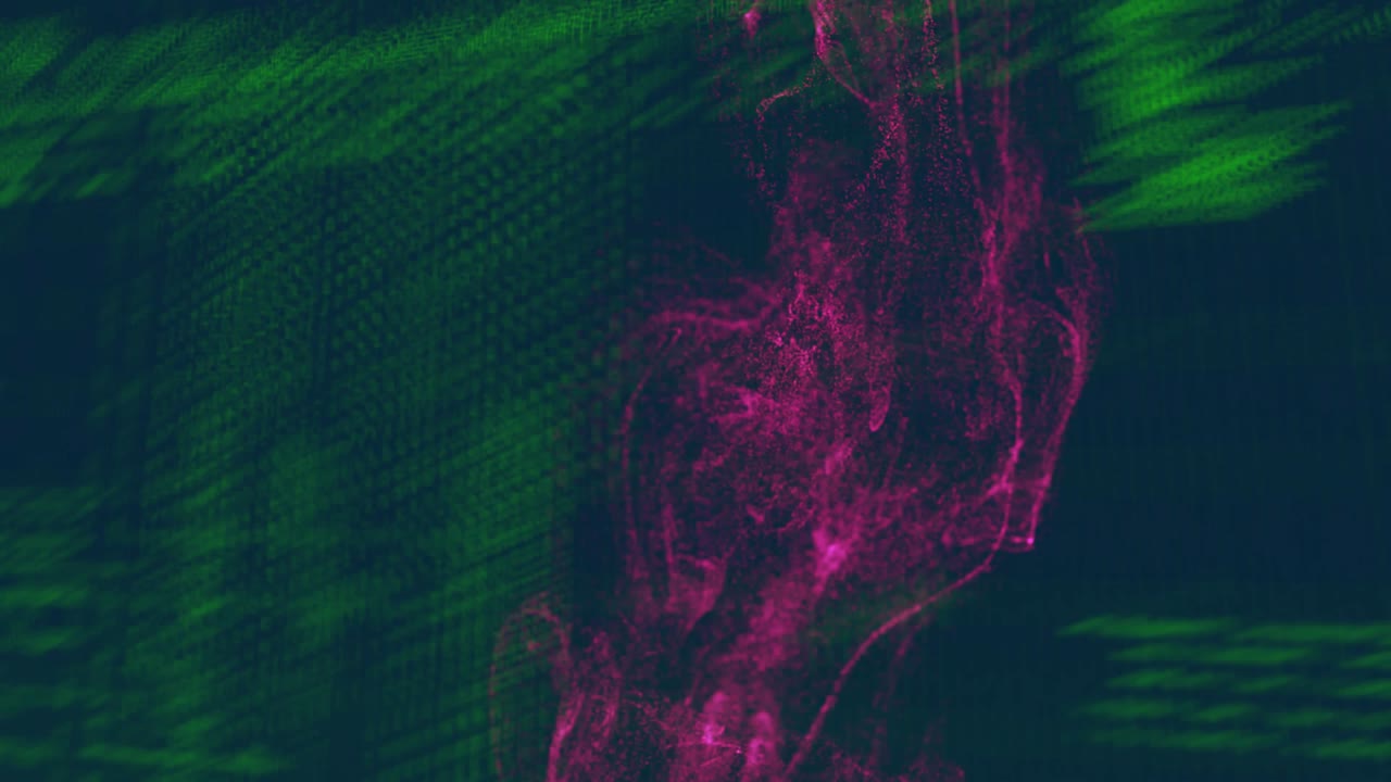 Animation of shapes with light trails over data processing on black background