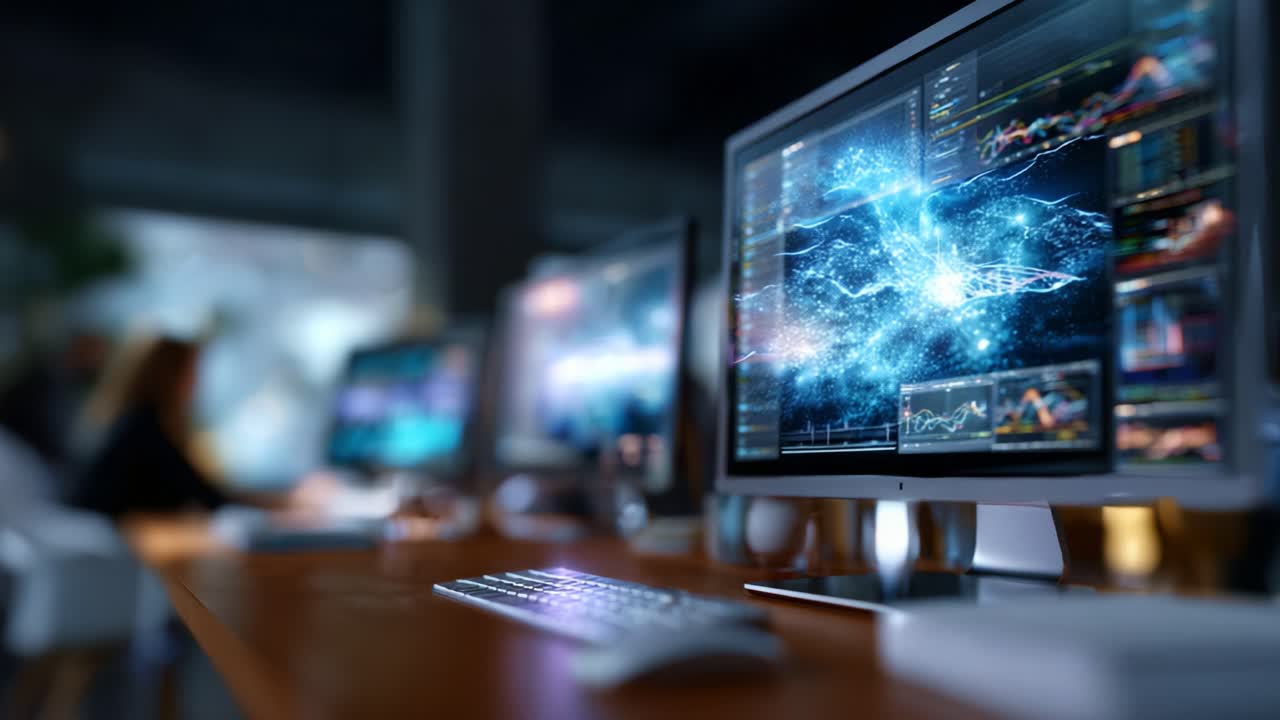 Advanced Data Visualization on Multiple Monitors Displays Dynamic Graphs and Colorful Analytics in a Modern Digital Workspace Environment