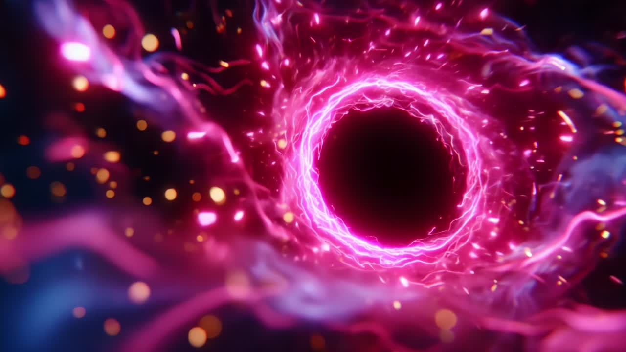 Un'esplosione visiva di colori ed energia che cattura l'attenzione: un viaggio ipnotico attraverso un portale vibrante e turbinoso, ricco di scintille elettriche e particelle luminose, che invita all'immaginazione e alla meraviglia