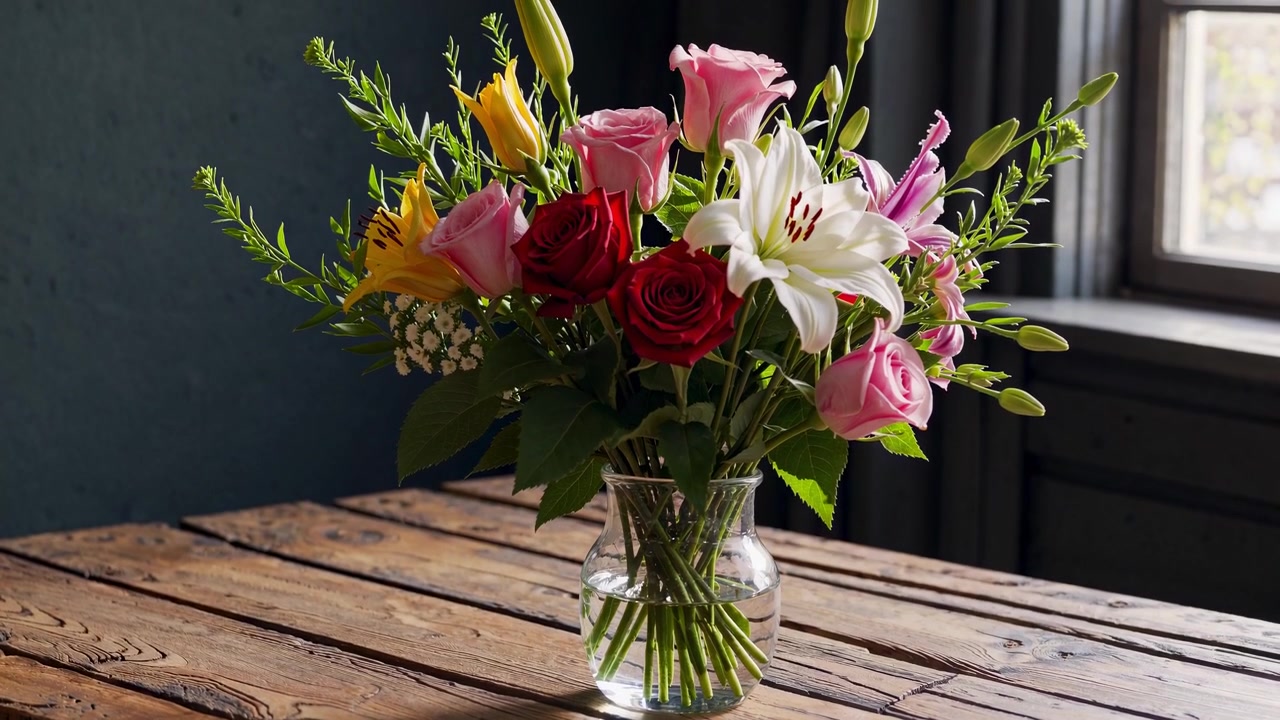 Bouquet di fiori freschi in vaso di vetro su tavolo di legno
