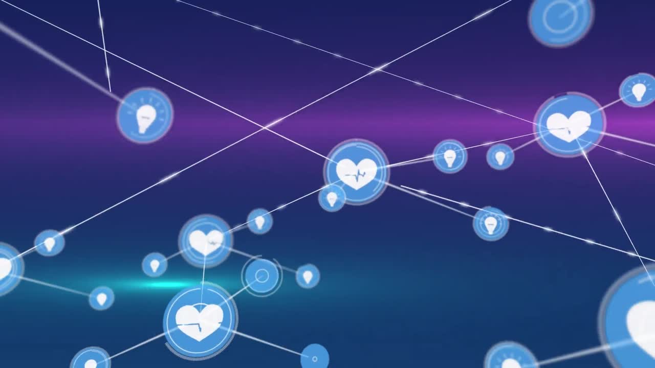 파란색 배경에 분홍색과 녹색 빛 트레일 위에 디지털 아이콘 네트워크의 애니메이션