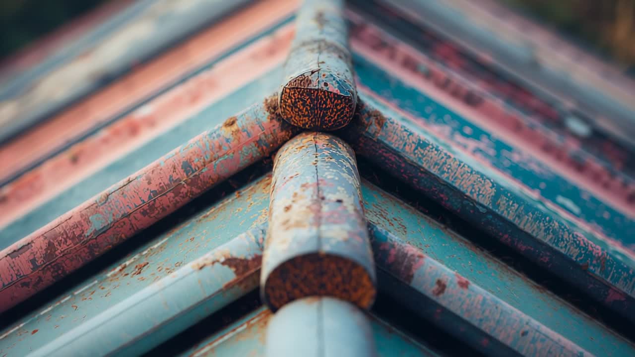 Camera pulling focus on rusted ridge cap on sloped rooftop, revealing peeling blue and red paint