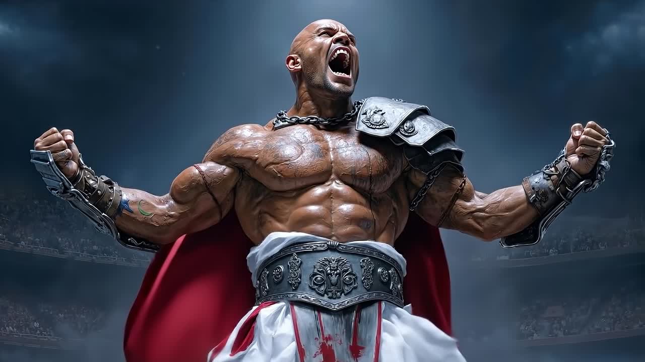 A man in armor with his arms outstretched in front of a crowd