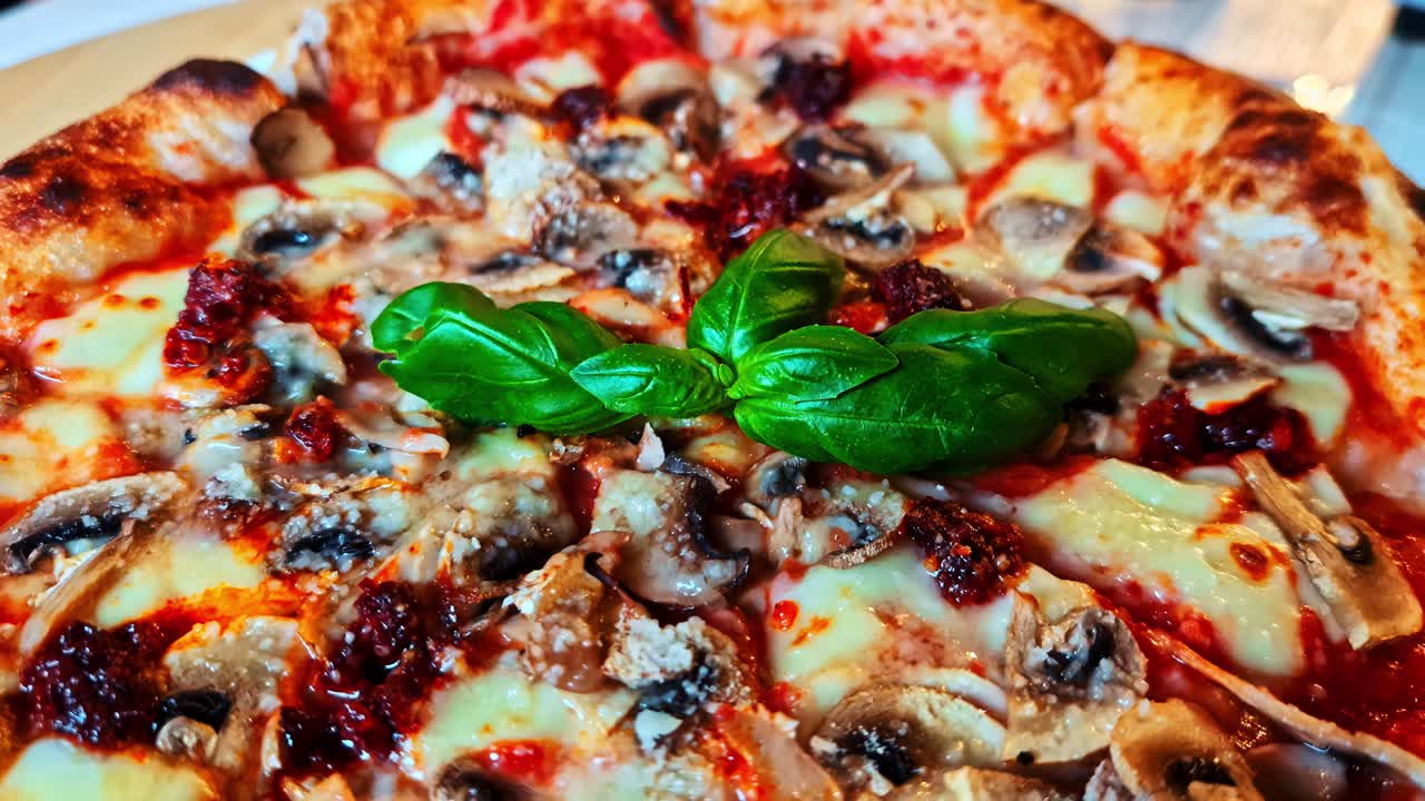 A delicious close-up of a freshly baked artisanal pizza with a puffy crust, tomato sauce, melted mozzarella, mushrooms, and a fresh basil garnish, representing authentic Italian cuisine