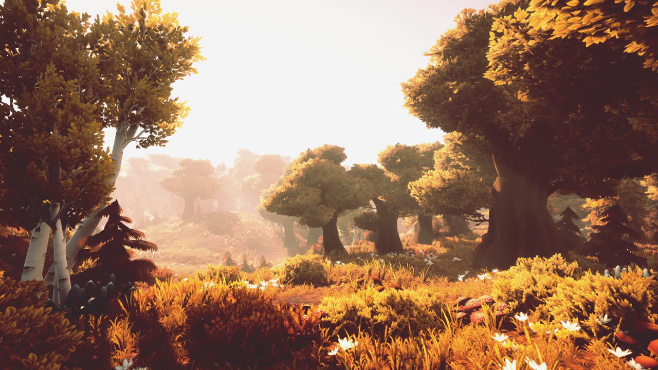 일몰 에 푸른 숲 이 꽃피고 있는 만화