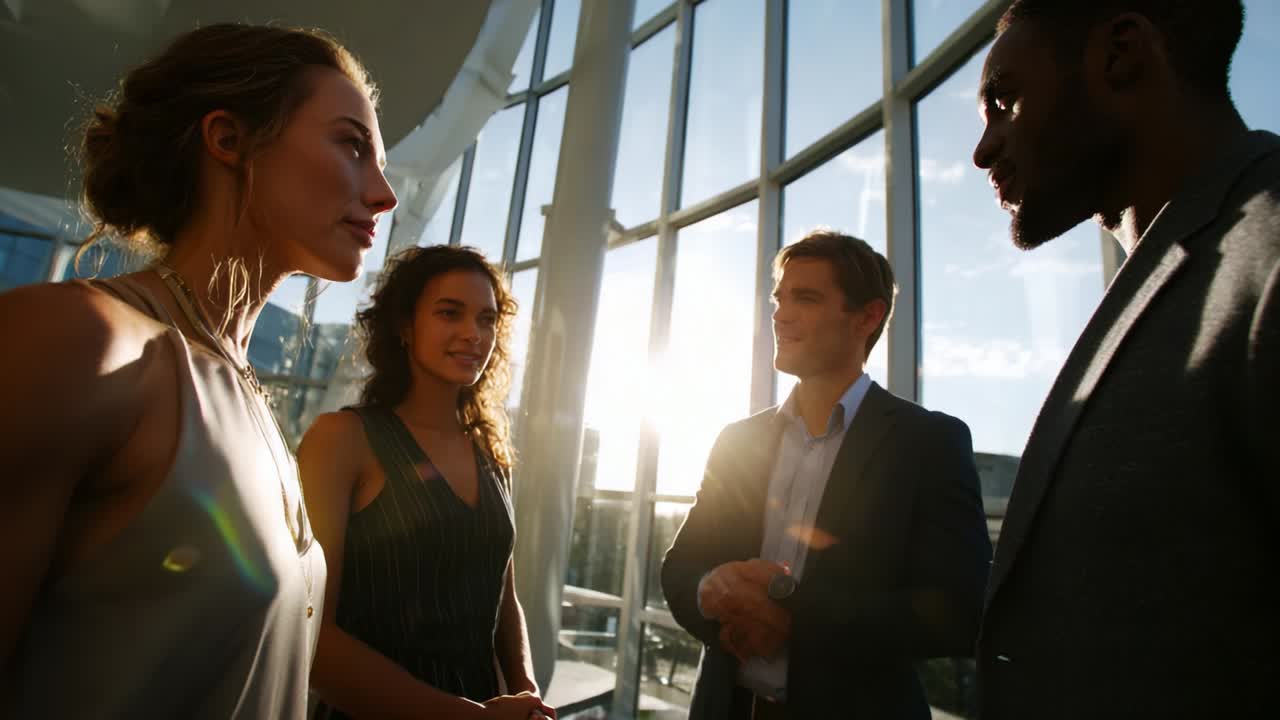 An Engaging Conversation Among Four Individuals in a Sunlit Modern Space Highlighting Diverse Expressions and Interactions in a Professional Setting