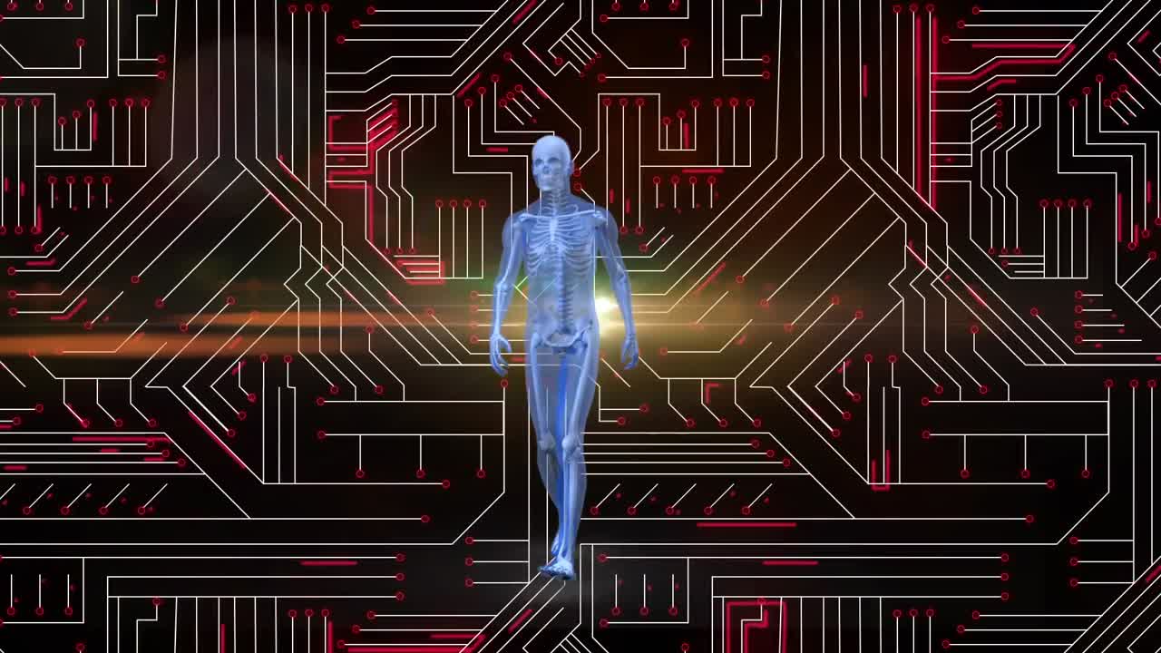 Animazione dell'elaborazione dei dati e modello del corpo umano su sfondo scuro