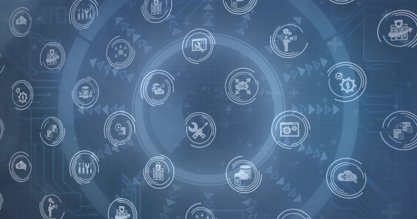 Vignette emerging, central HUD pulsing and icons rotating outward to highlight tech functions