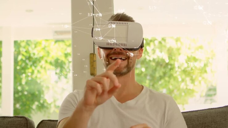 Animazione di un globo con una rete di connessioni su un uomo che usa un visore VR