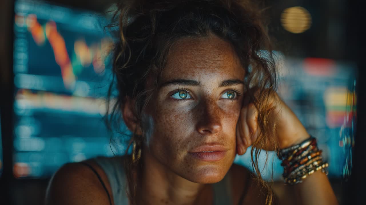 A Pensive Woman Contemplates in a Dimly Lit Space with Financial Data in the Background - Signifying Focus, Reflection, and Investment Decisions