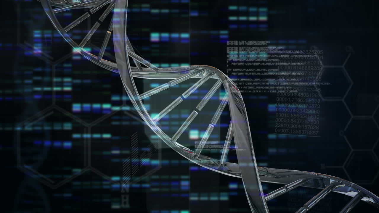 Animation of dna chain rotating over data processing and lights on black background