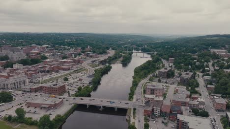 Magog River Flowing Through Downtown Sherbrooke In Canada - Aerial Drone Shot